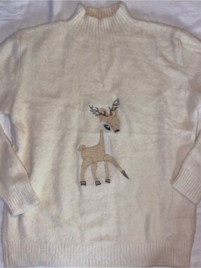 Cream Crew Neck Sweater with Deer Motif